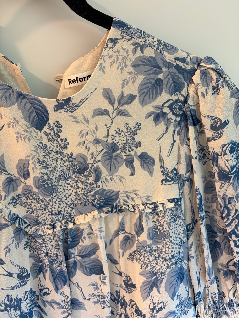Reformation Cream Dress with Blue Floral & Bird Print